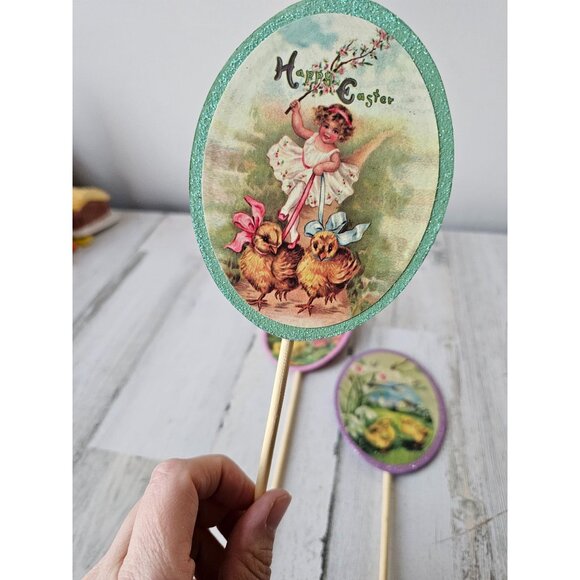 Shabby chic vintage style Easter egg sign glitter rabbit chicken girl unique set - Picture 2 of 10